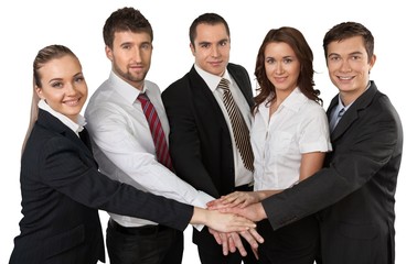 a group of professionals with hands together