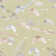 Beige seamless pattern illustration with watercolor blue, pink, gray and beige spots and blemishes. Will be good for decor a postcard, posters,gift decor, wrapping paper, gift boxes, fabric and etc.