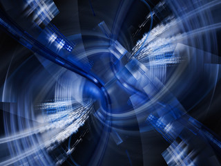 Abstract background element. Fractal graphics 3d illustration. Symmetric composition of repeating grids. Information technology concept. Blue and black colors.