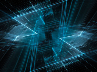 Fototapeta na wymiar Abstract background element. Fractal graphics 3d illustration. Symmetric composition of repeating grids. Information technology concept. Blue and black colors.