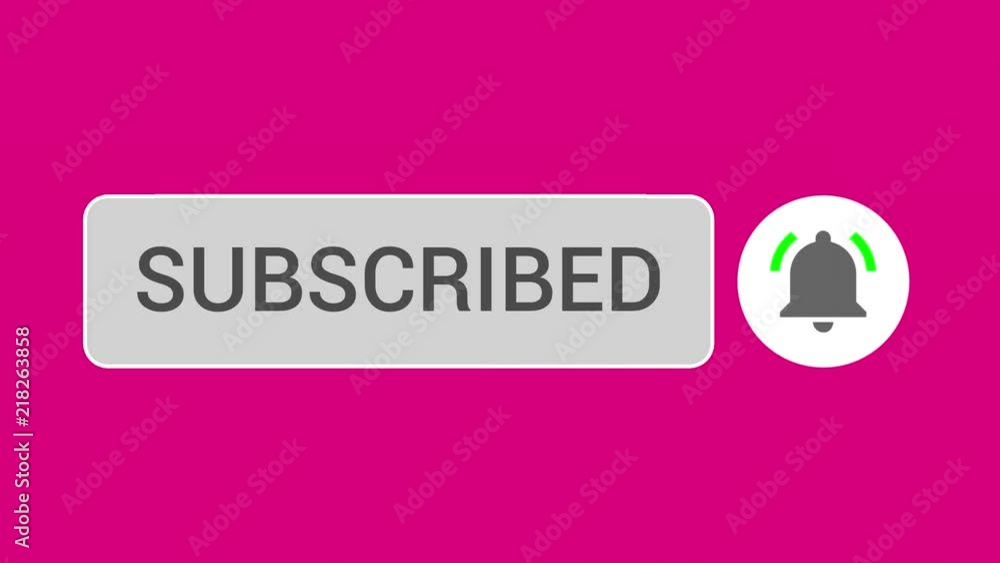 Poster mouse clicking a subscribe button and bell notification with a dark pink background.