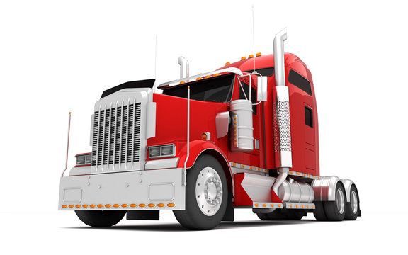 Logistics concept. American red Freightliner cargo truck without a container moving from right to left isolated on white background. Front bottom view. Perspective. 3D illustration