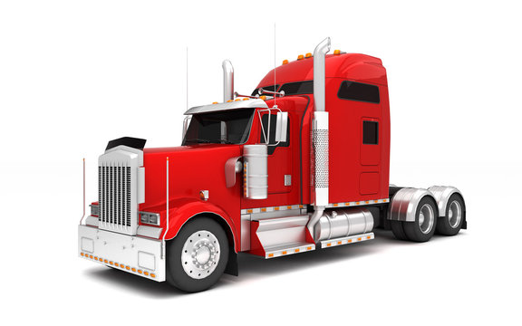 Logistics concept. American red Freightliner cargo truck without a container moving from right to left isolated on white background. Front perspective view. 3D illustration