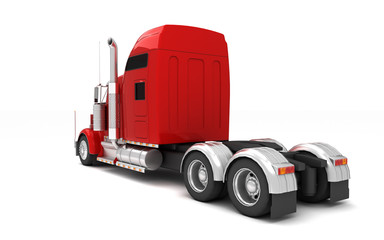 Logistics concept. American red Freightliner cargo truck without a container moving from right to left isolated on white background. Rear side view. 3D illustration