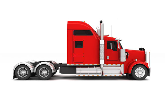 Logistics concept. American red Freightliner cargo truck without a container moving from left to right isolated on white background. Left side view. 3D illustration