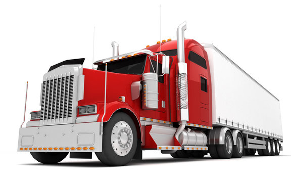 Logistics concept. American red Freightliner cargo truck with container moving from right to left isolated on white background. Perspective. front side view. Bottom view. 3D illustration
