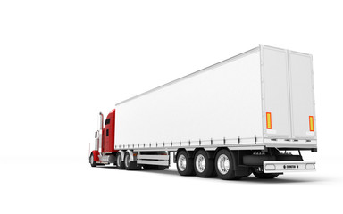 Logistics concept. American red Freightliner cargo truck with container moving right to left isolated on white background. Perspective. Rear side view. 3D illustration