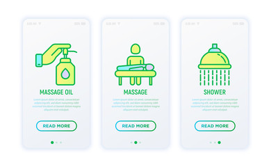 Spa & sauna thin line icons set: massage oil, massage, shower. Vector illustration or user mobile app.