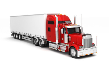 Logistics concept. American red Freightliner cargo truck with container moving left to right isolated on white background. Perspective. front side view. High angle view. 3D illustration