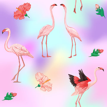 Seamless pattern, background. with pink flamingos and feathers on In light ultra violet pastel colors on mesh pink, blue background. Stock vector illustration. © Elen Lane