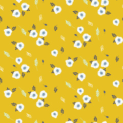 Anemone white flower on yellow seamless vector pattern.