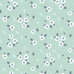 Anemone white flower on mint blue seamless vector pattern.