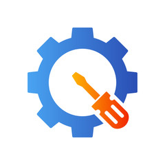 Icono plano engranaje con destornillador ladeado en azul y naranja