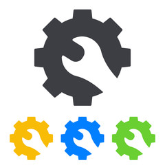 Icono plano engranaje con llave ladeada espacio negativo en varios colores