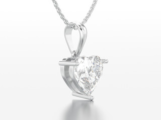 3D illustration white gold or silver big heart diamond necklace on chain