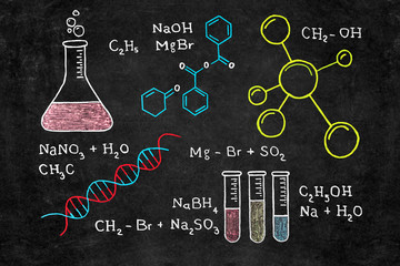 Handwritten chalk chemical formulas, DNA code, chemical flasks on school blackboard. Back to school...