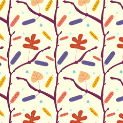 Seamless autumn pattern with dry leaves, branches and raindrops.