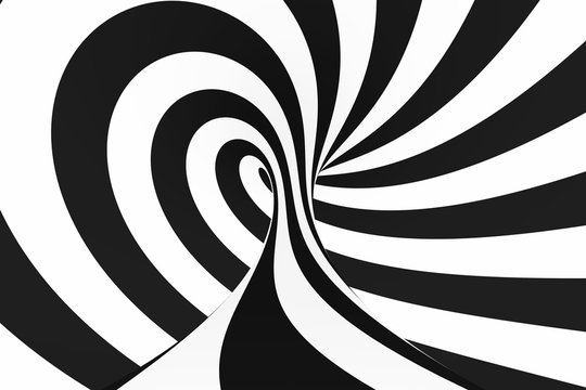 Black and white spiral tunnel. Striped twisted hypnotic optical illusion. Abstract background. © gurzart