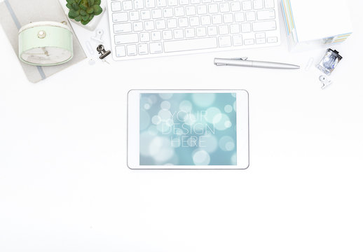 White Tablet on White Desk Mockup