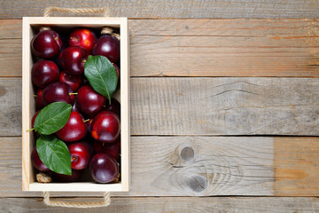 Plums in box on wooden table