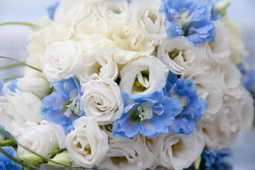 beautiful bouquet of white and blue flowers