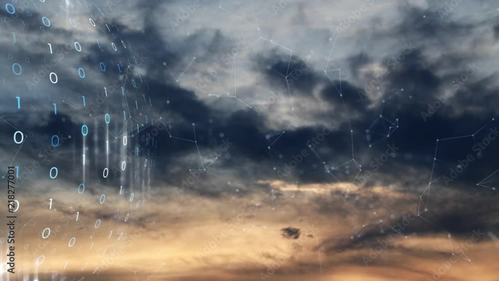 Poster digital data cyberspace sphere with lines, dots on artistic slow motion sunset clouds time lapse bac