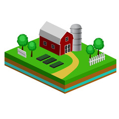 Isometric Red Barn And Trees cows vector illustration