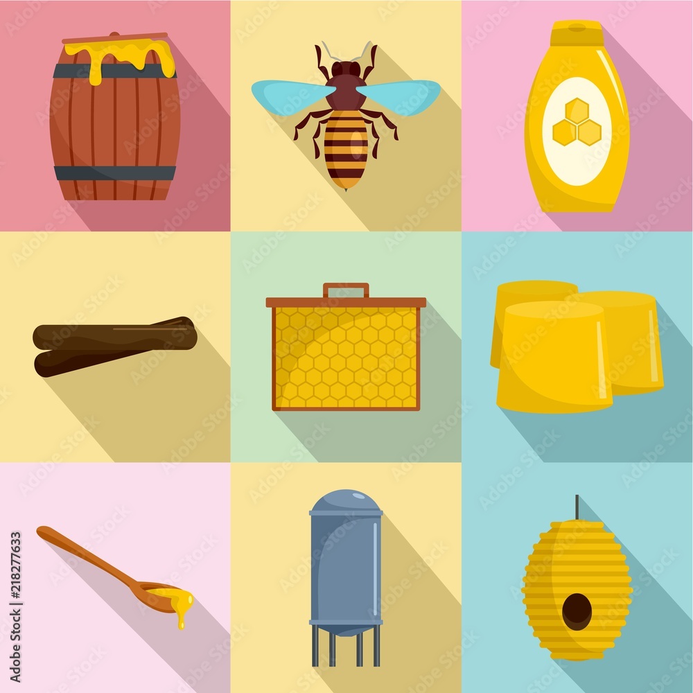 Poster honeybee icons set. flat set of 9 honeybee vector icons for web isolated on white background