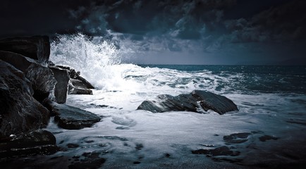 Wawe splashes sea storm horizon. Ligurian sea.