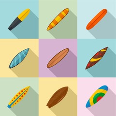 Surf board icons set. Flat set of 9 surf board vector icons for web isolated on white background