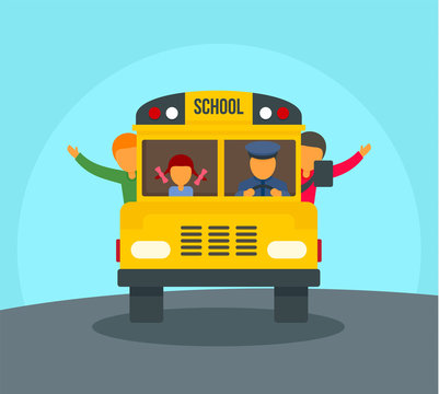 Kids in school bus background. Flat illustration of kids in school bus vector background for web design