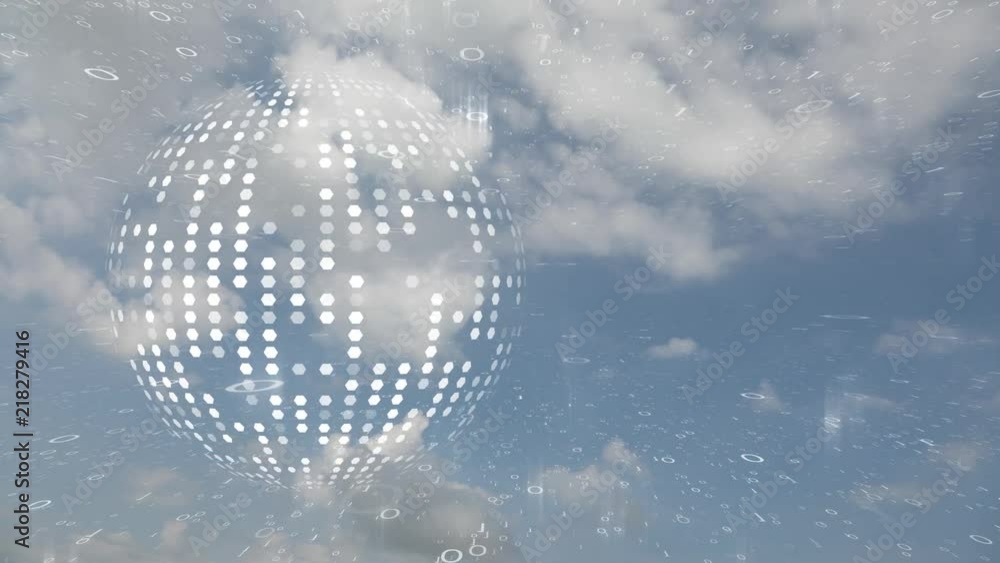 Poster clouds time lapse on blue sky with futuristic cyberspace sphere rotation and binary numbers data mot