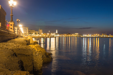 Night scene at the Bari seafront in Italy