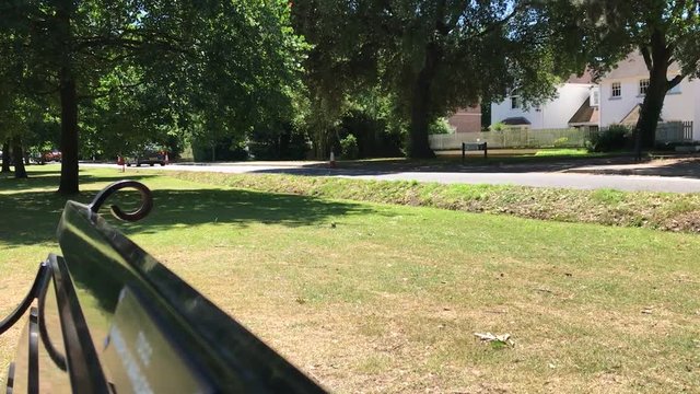 View of a road next to a park camera locked off. Cars, vans and cyclists pass by on a bright sunny day