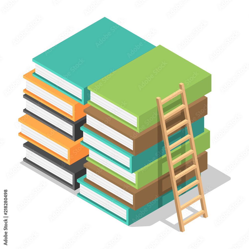 Poster wood ladder on stack books icon. isometric of wood ladder on stack books vector icon for web design 