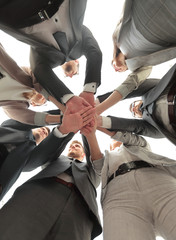 bottom view. business team showing unity with their hands together.
