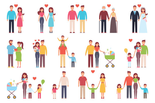 A happy family. Set. Design of onwf, mother, daughter and son, husband, wife, grandmother, grandfather. Vector illustration on white background