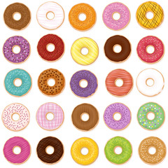 Donut varieties. Twenty-five different donuts with individual tastes, flavors, colors, styles. Isolated vector illustration on white background.