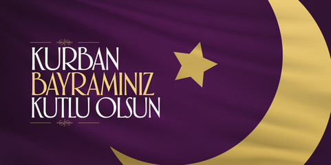 Feast of the Sacrif (Eid al-Adha Mubarak) Feast of the Sacrifice Greeting (Turkish: Kurban Bayraminiz Kutlu Olsun) Holy month of muslim community with purple flag billboard.