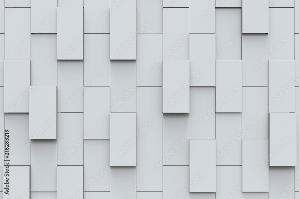 Poster 3d rendering. modern random vertical rectangular ceramic block stack wall background.