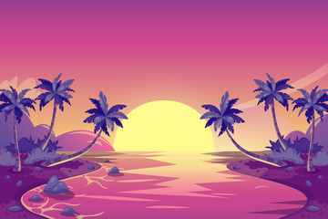Fototapeta na wymiar Tropical summer sunset. Vector cartoon island landscape illustration. Palm trees on the ocean beach.