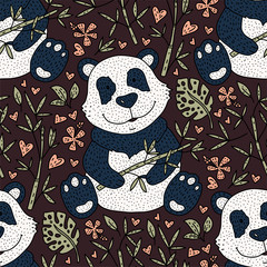 Naklejka premium Panda bear doodle seamless pattern. Hand drawn detailed cartoon card. Vector nature illustration.