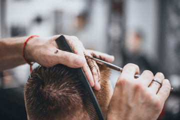 Hair Care. Barber makes a haircut with scissors. Soft focus. - obrazy, fototapety, plakaty