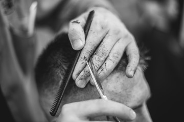 Hair Care. Barber makes a haircut with scissors. Soft focus.