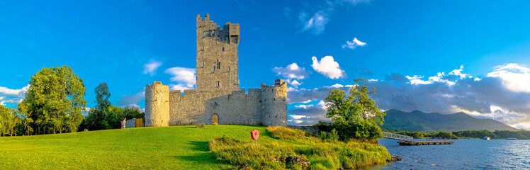 Fototapeta na wymiar Idyllic landscape of Ross Castle in the Killarney National Park in Ireland. Travel by car through the Ring of Kerry.