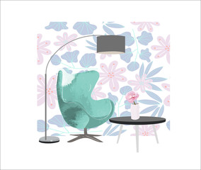 armchair and lamp watercolor illustration for interior design. hand drawn furniture vector. 