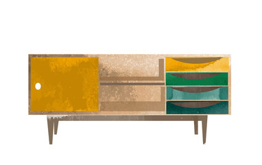 sideboard watercolor illustration. interior design hand drawn element. mid century modern furniture. 