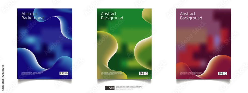 Poster abstract 3d fluid flow color graphic background design set. futuristic cool gradient composition liq
