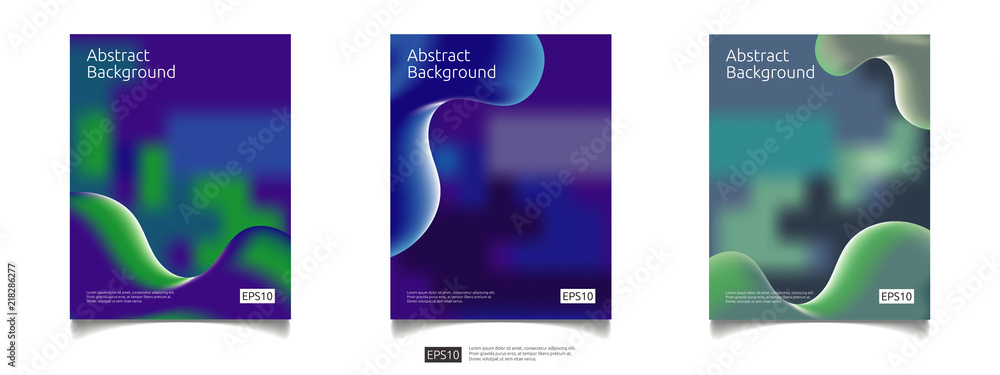 Poster abstract 3d fluid flow color graphic background design set. futuristic cool gradient composition liq