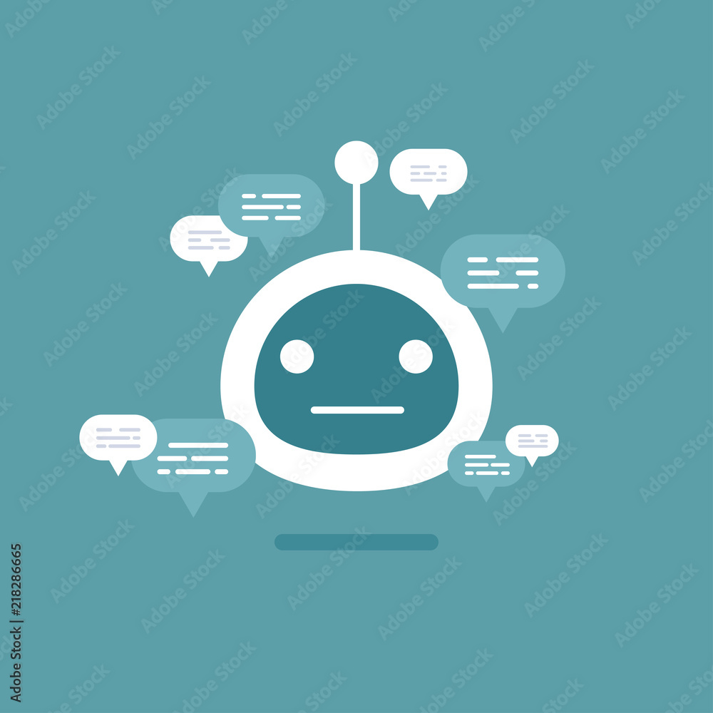 Poster vector modern flat chat bot with speech bubble icons on orange background.